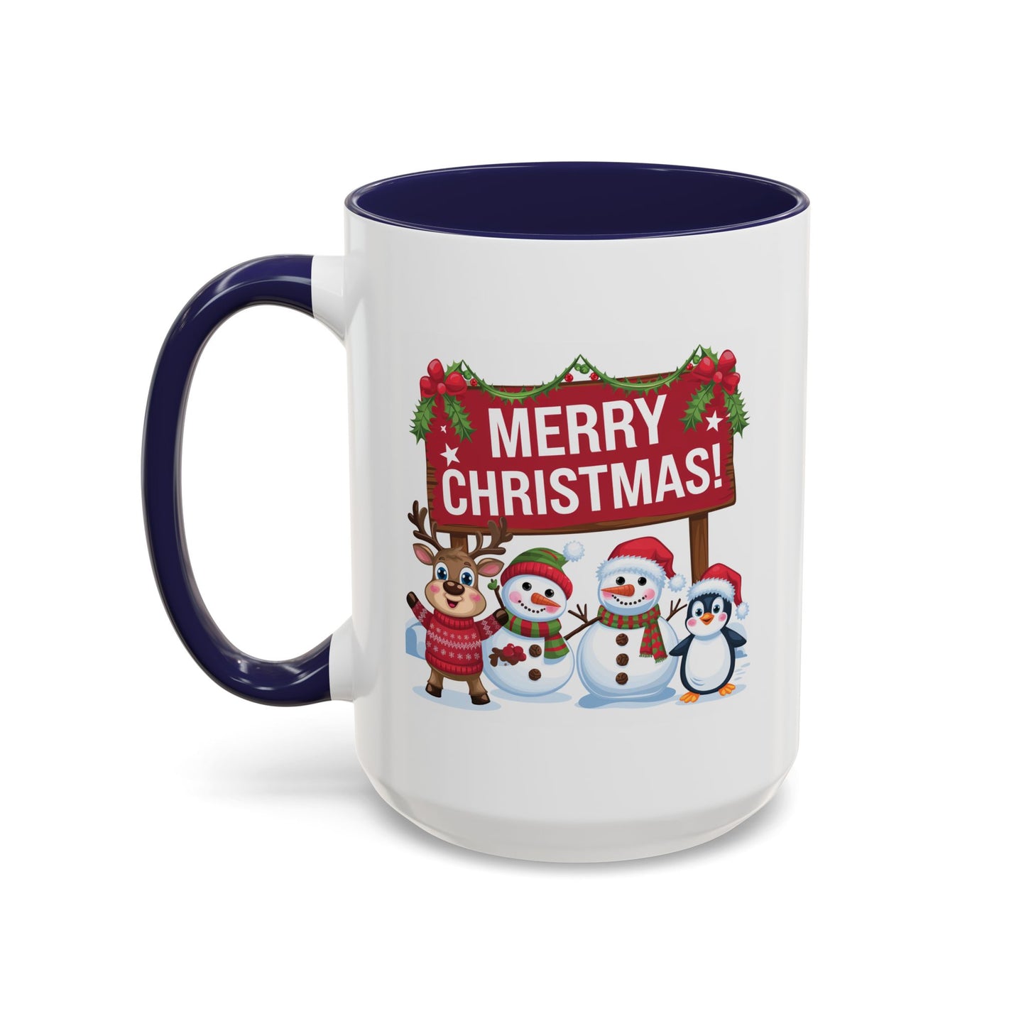 Christmas Mug - Merry Christmas White Text Reindeer Snowmen Penguin