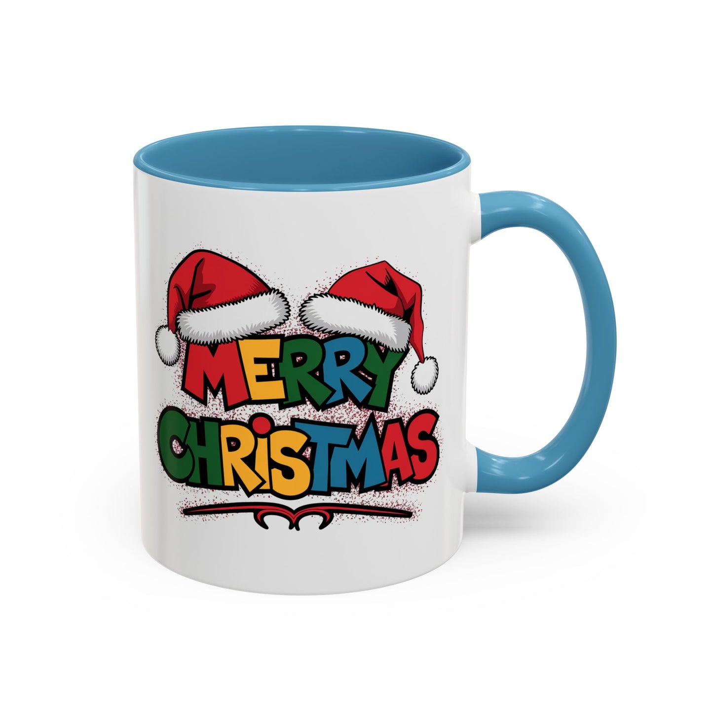 Christmas Mug - Merry Christmas Red Yellow & Blue Text Red Hats