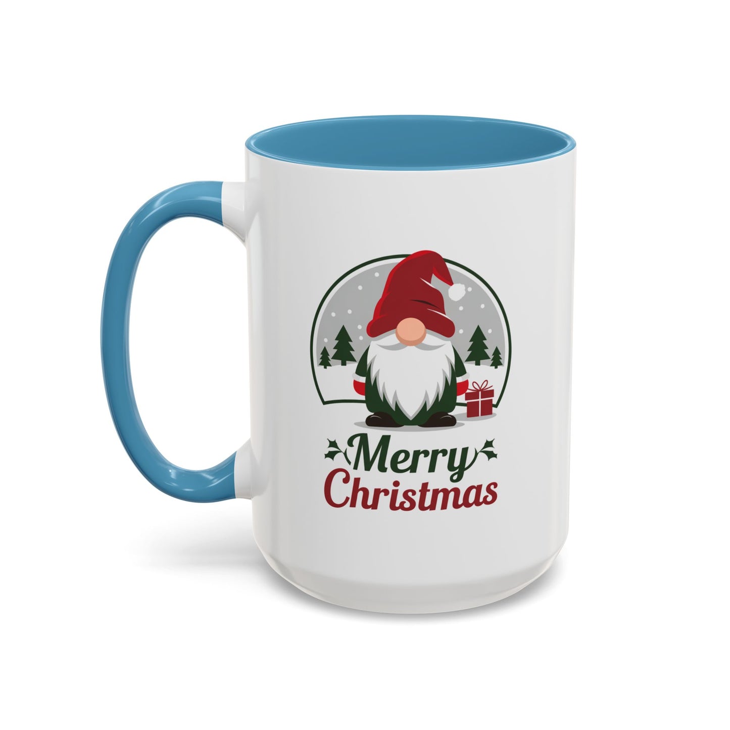 Christmas Mug - Merry Christmas Green & Red Text Gnome Present Trees