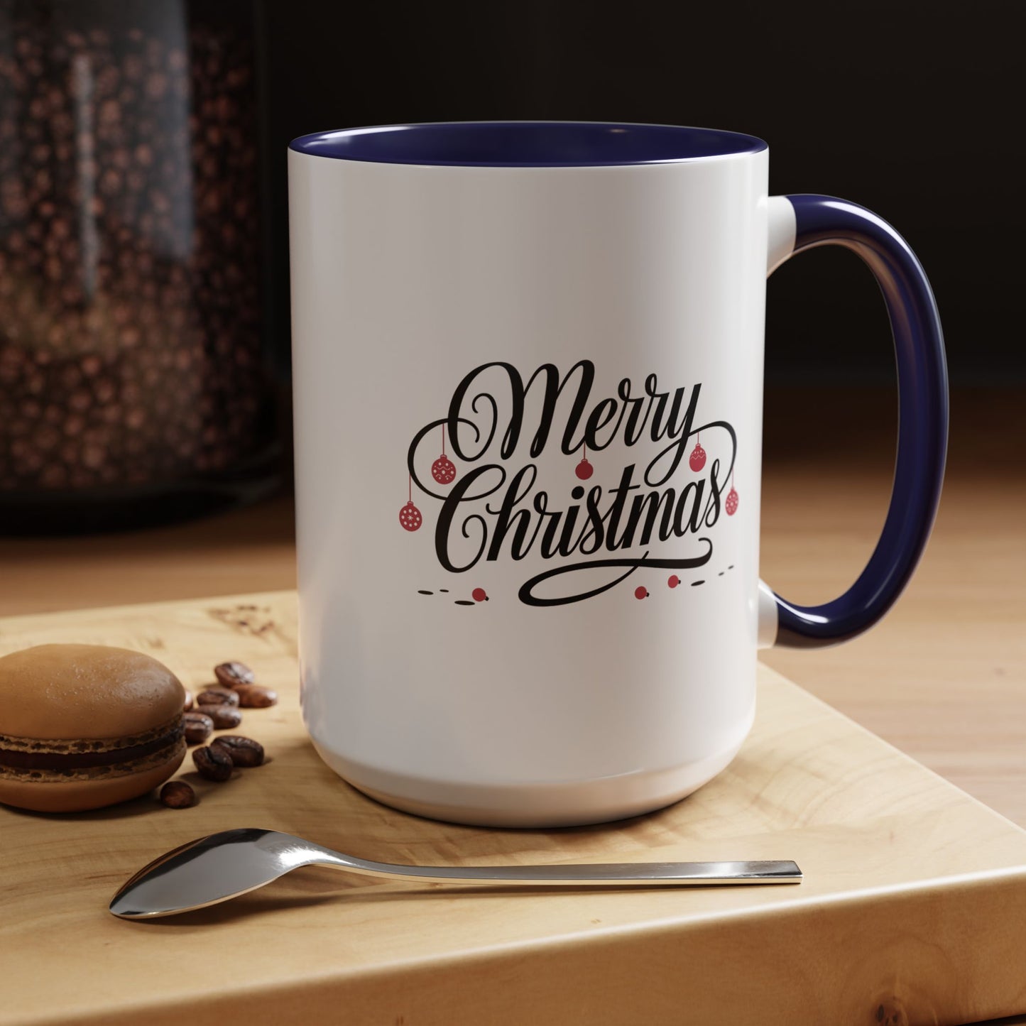 Christmas Mug - Merry Christmas Black Text Red Ornaments