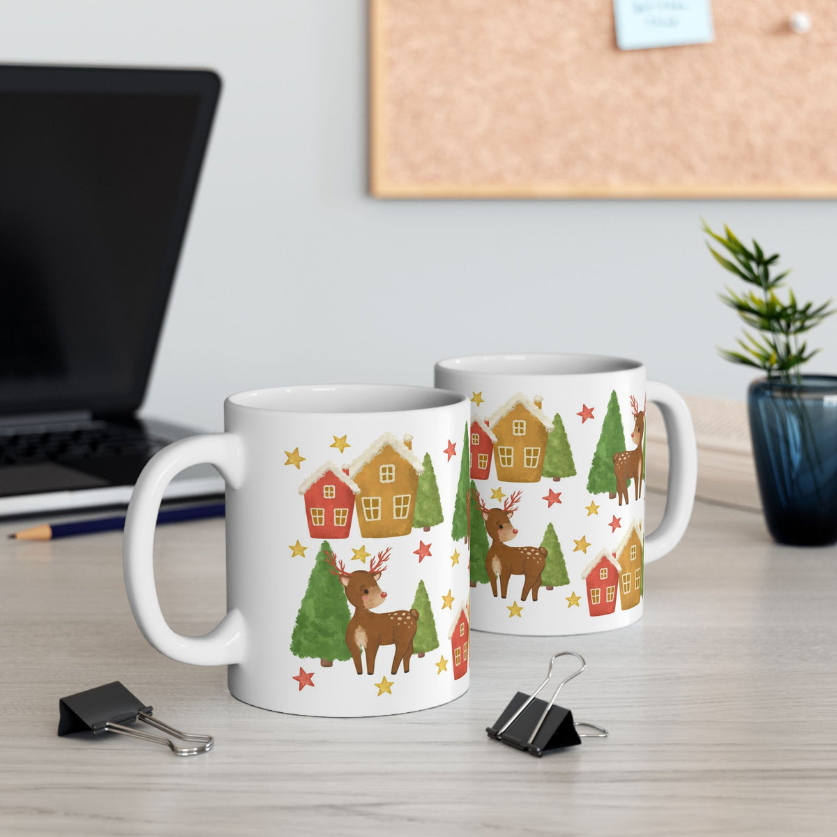 Chistmas Mug -  Reindeer Trees and House Wrap