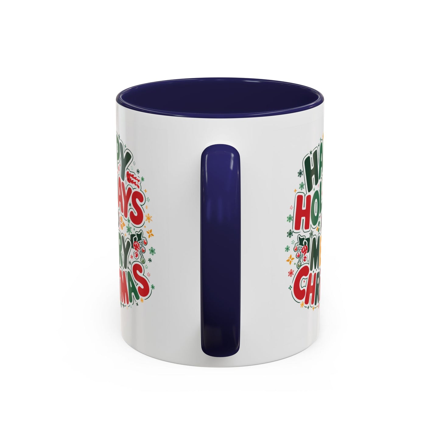Christmas Mug - Happy Holidays and Merry Christmas Blue Green Yellow Red Text