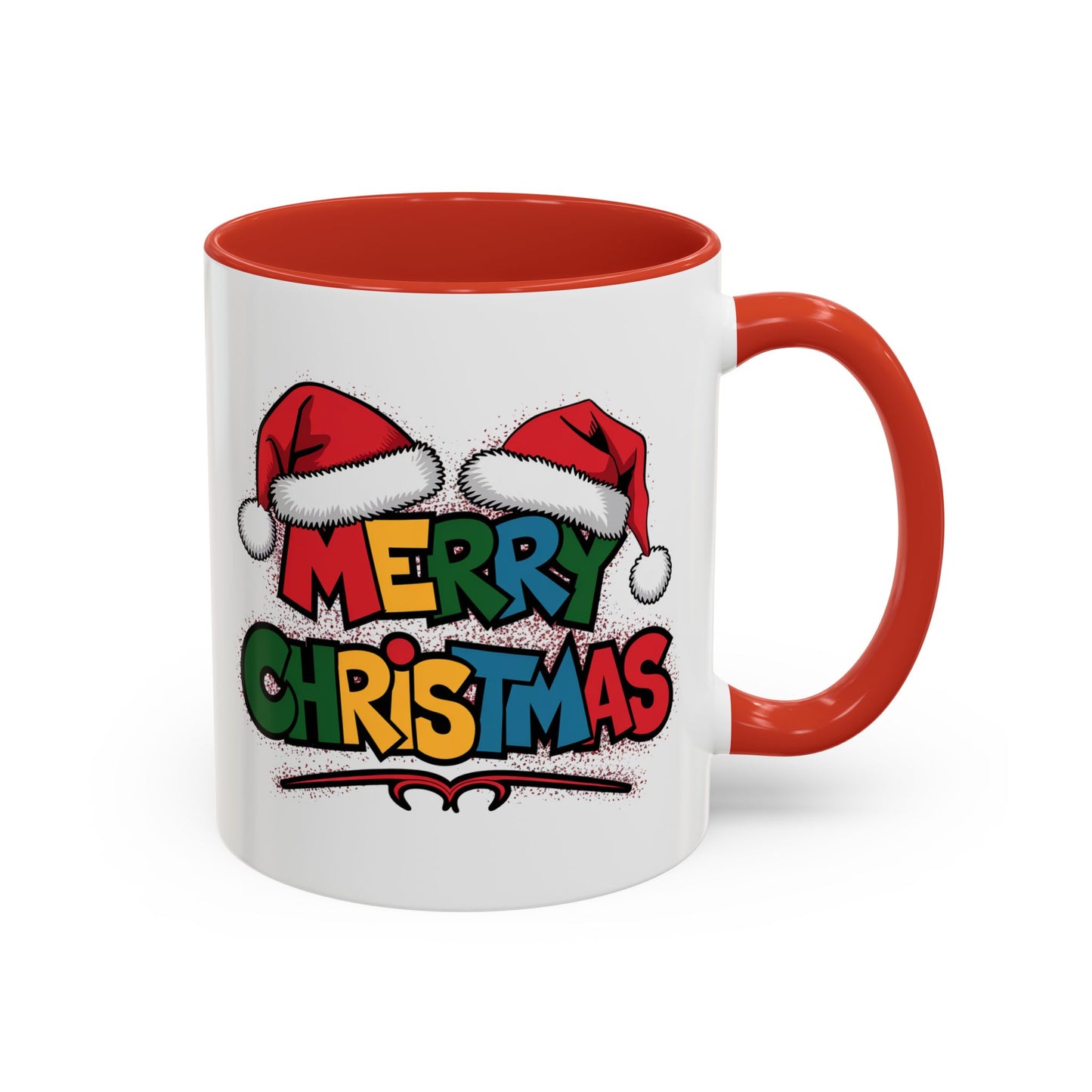 Christmas Mug - Merry Christmas Red Yellow & Blue Text Red Hats