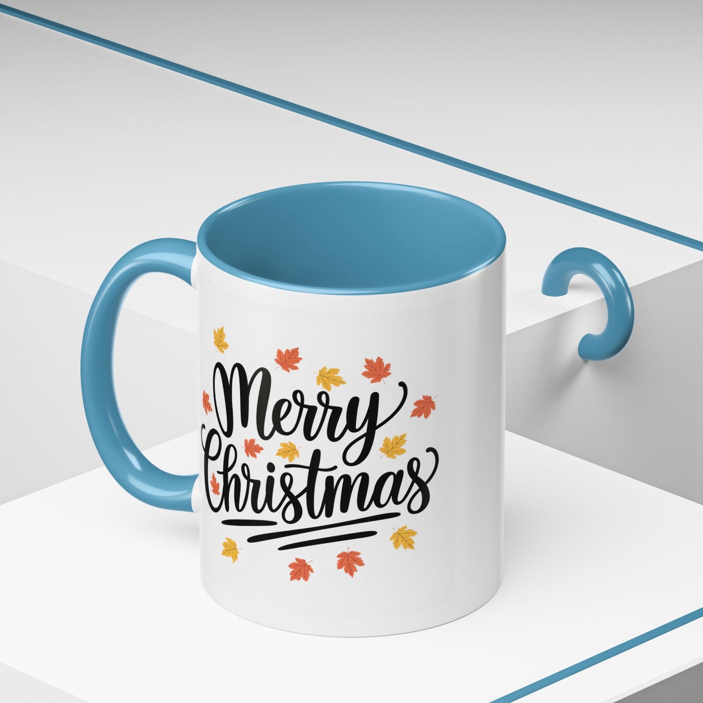 Christmas Mug - Merry Christmas Black Text Fall Leaves
