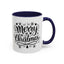 Christmas Mug - Merry Christmas Black Text Tree Snowflakes Hearts