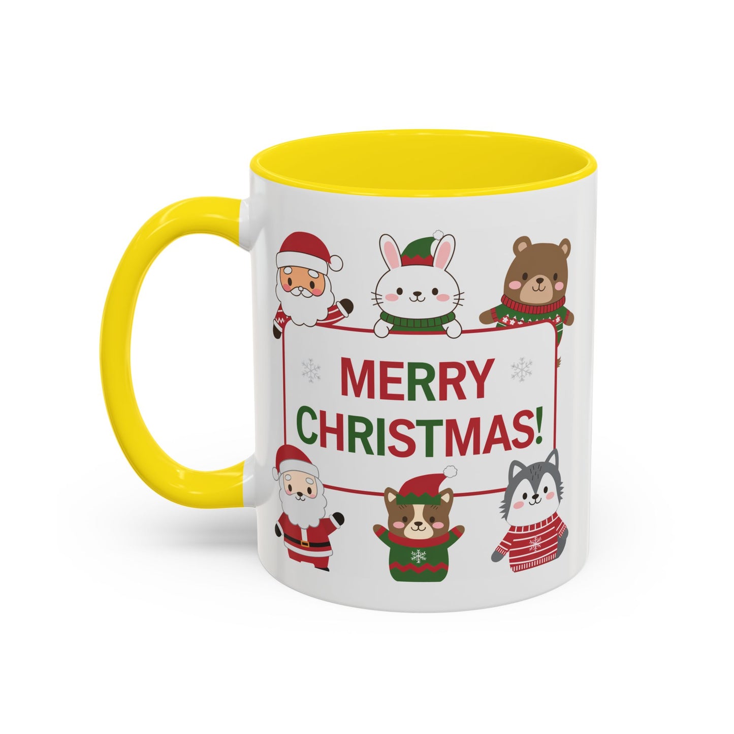 Christmas Mug - Merry Christmas Red & Green Text Santa Cute Animals