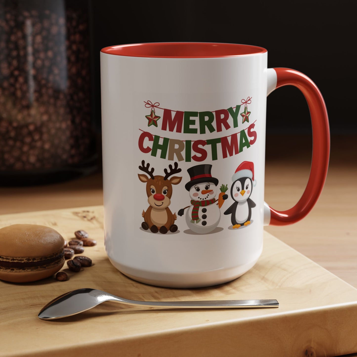 Christmas Mug - Red Green & Gold Text Reindeer Snowman Penguin