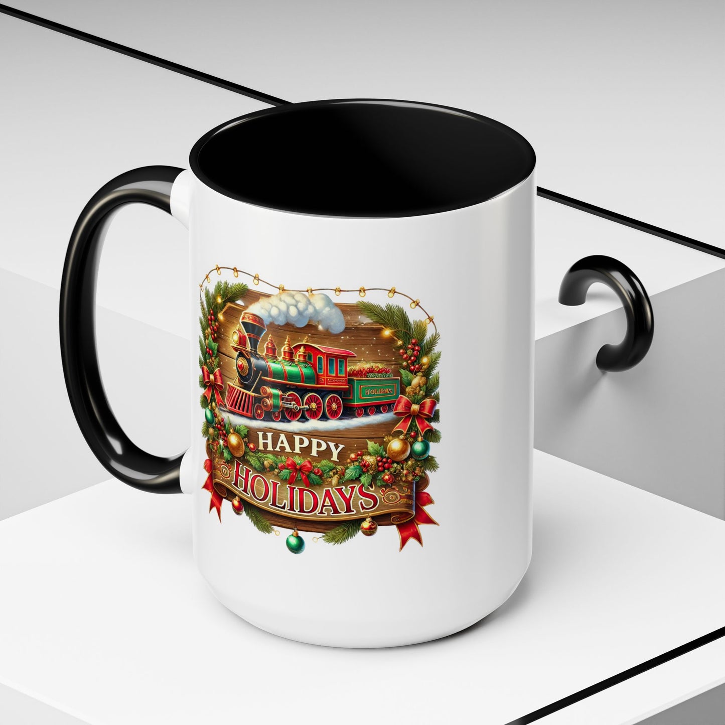 Christmas Mug - Happy Holidays White & Red Text Steam Locomotive