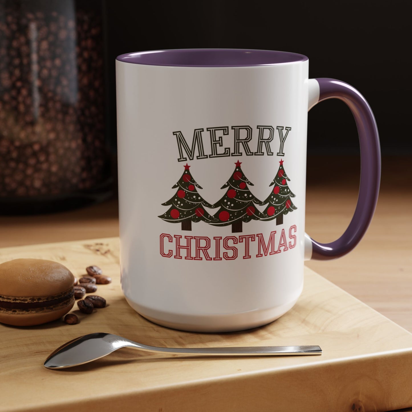 Christmas Mug - Merry Christmas Green & Red Text Decorative Trees