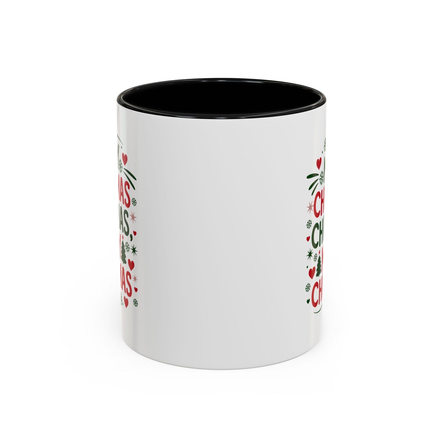 Christmas Mug - Merry Christmas Green & Red Text Trees Hearts Snowflakes Stars