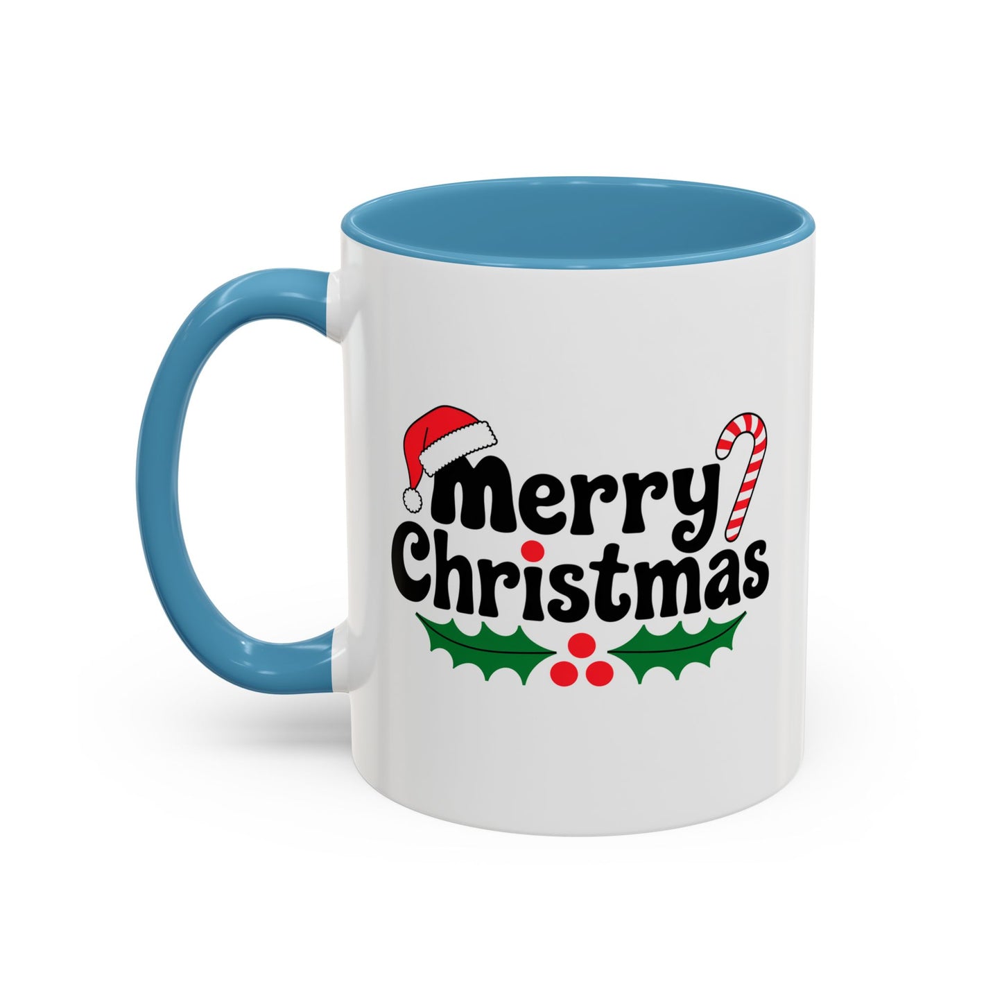Christmas Mug - Merry Christmas Black Text Hat Cane Misletoe