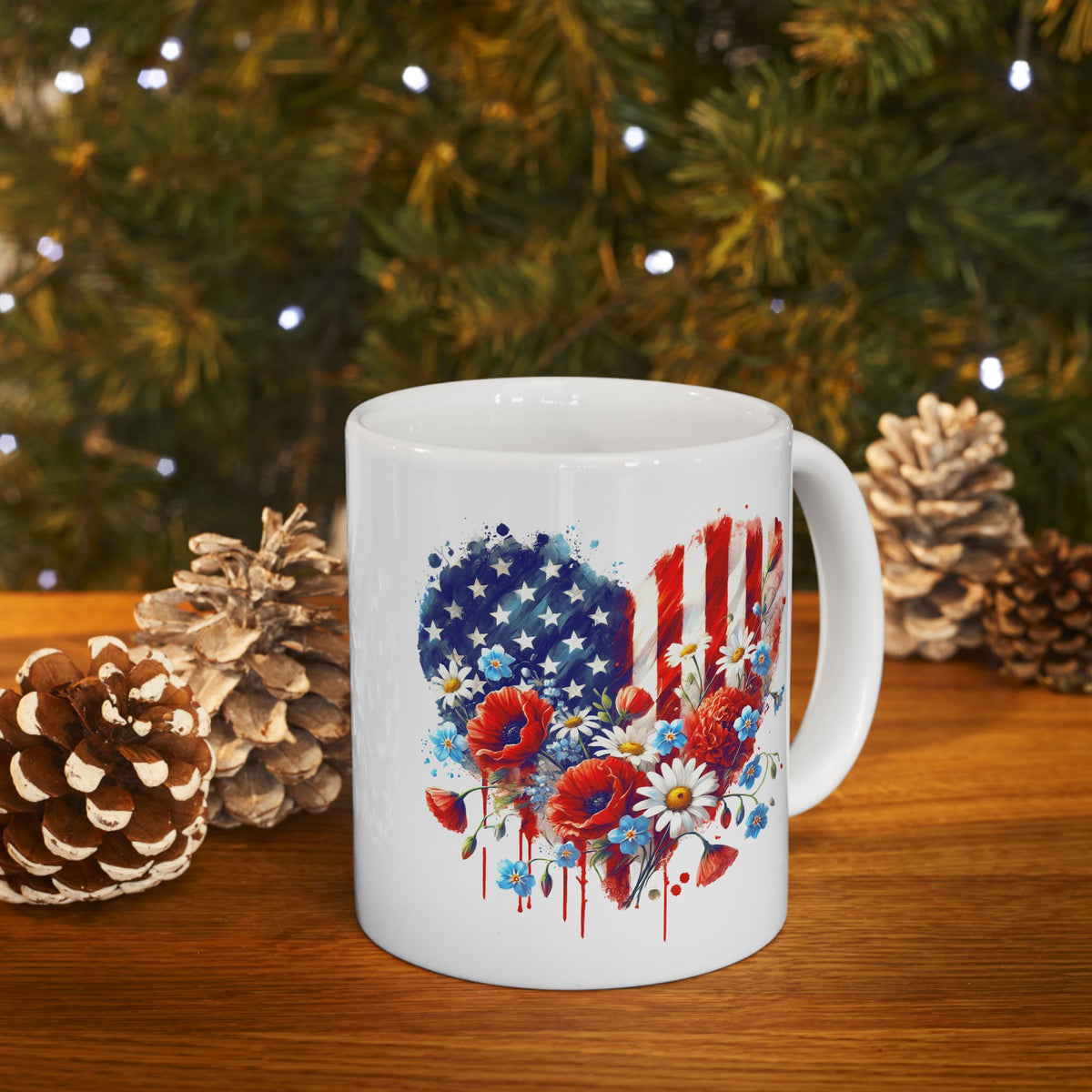 4th of July Mug - Patriotic USA Flowers Heart