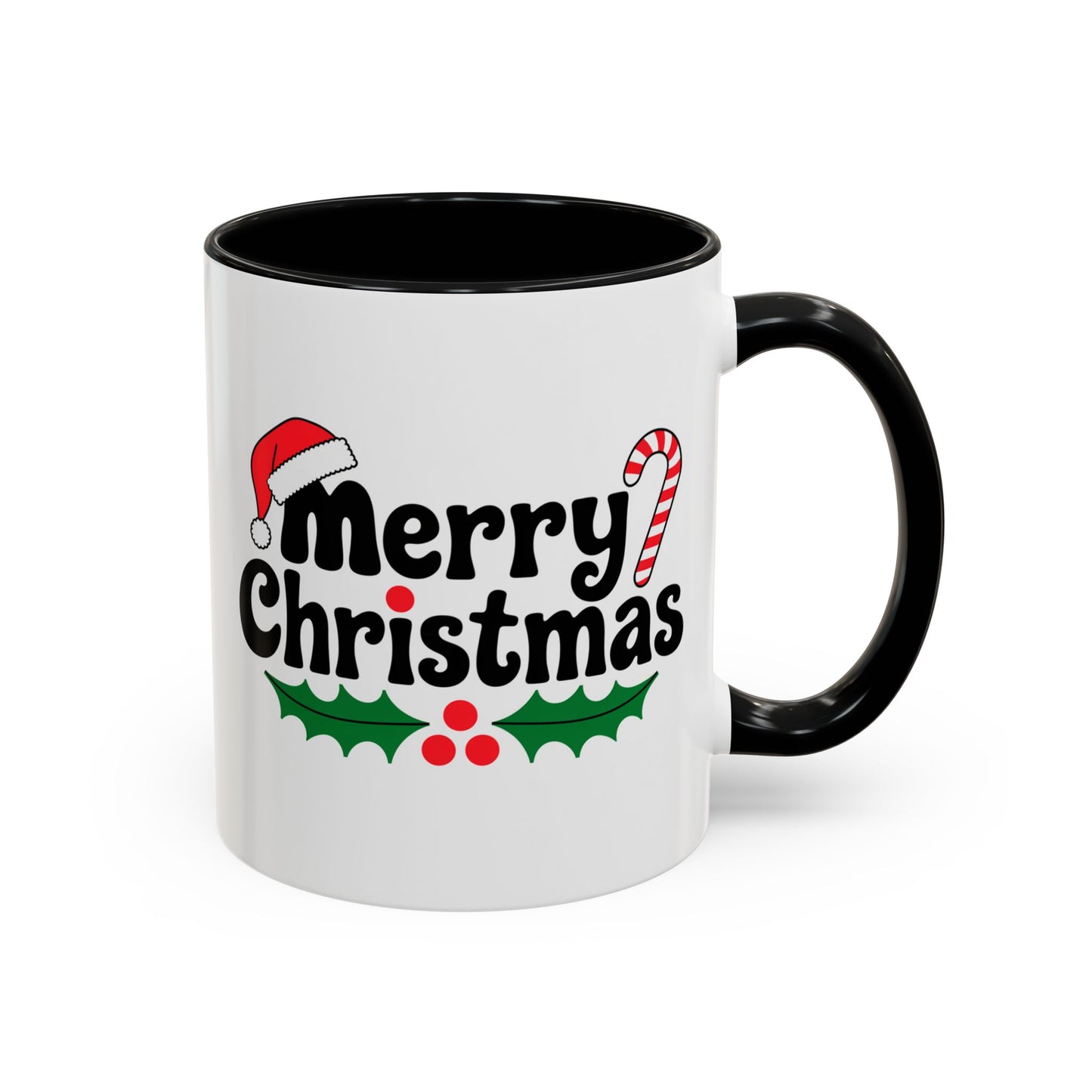 Christmas Mug - Merry Christmas Black Text Hat Candy Cane Mistletoe