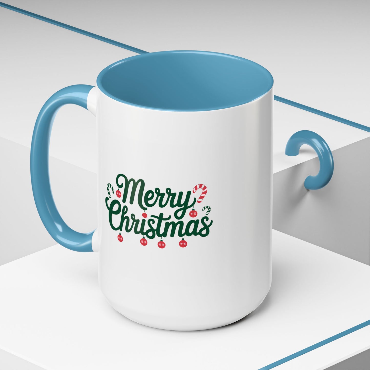 Christmas Mug - Merry Christmas Green Text Ornaments Candy Canes