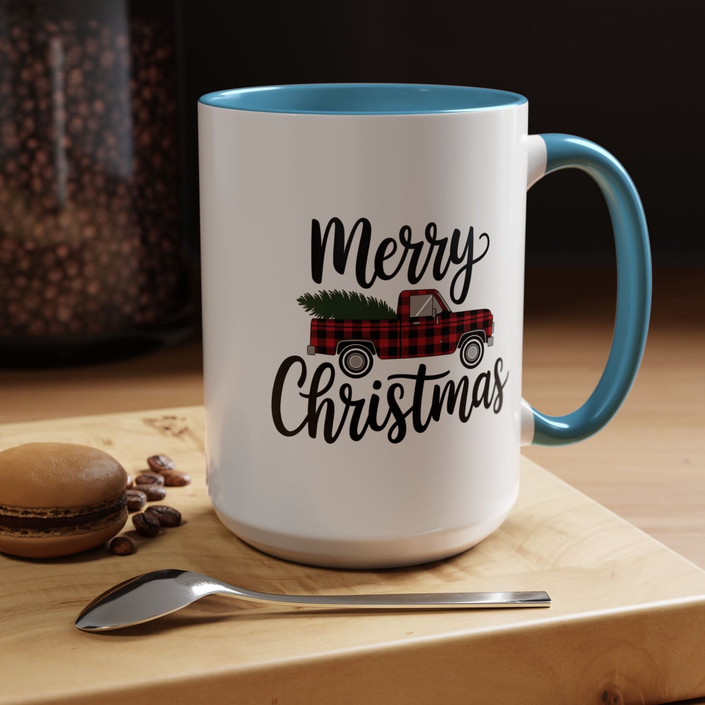 Christmas Mug - Merry Christmas Black Text Tartan Truck