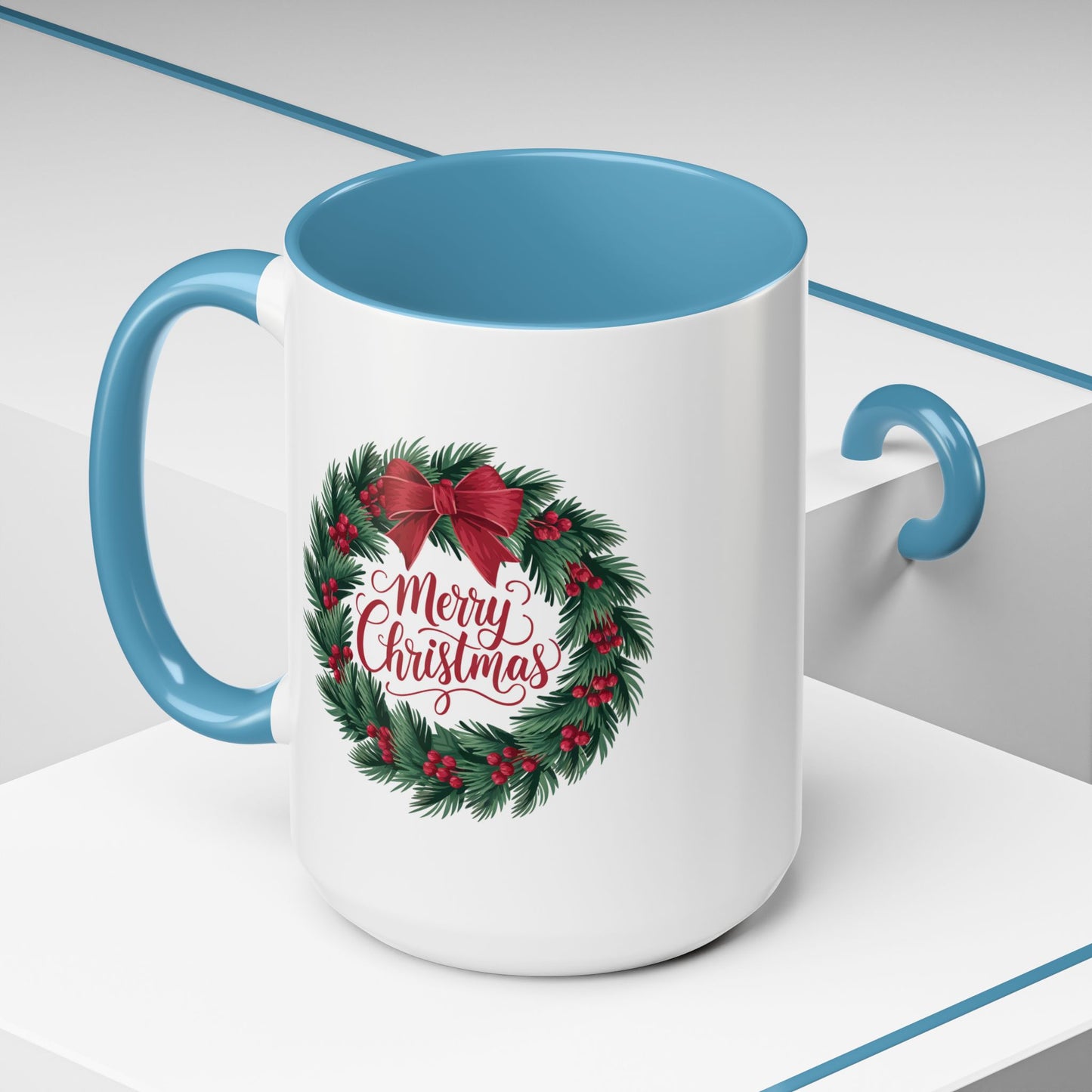 Christmas Mug - Merry Christmas Red Text Bow Wreath