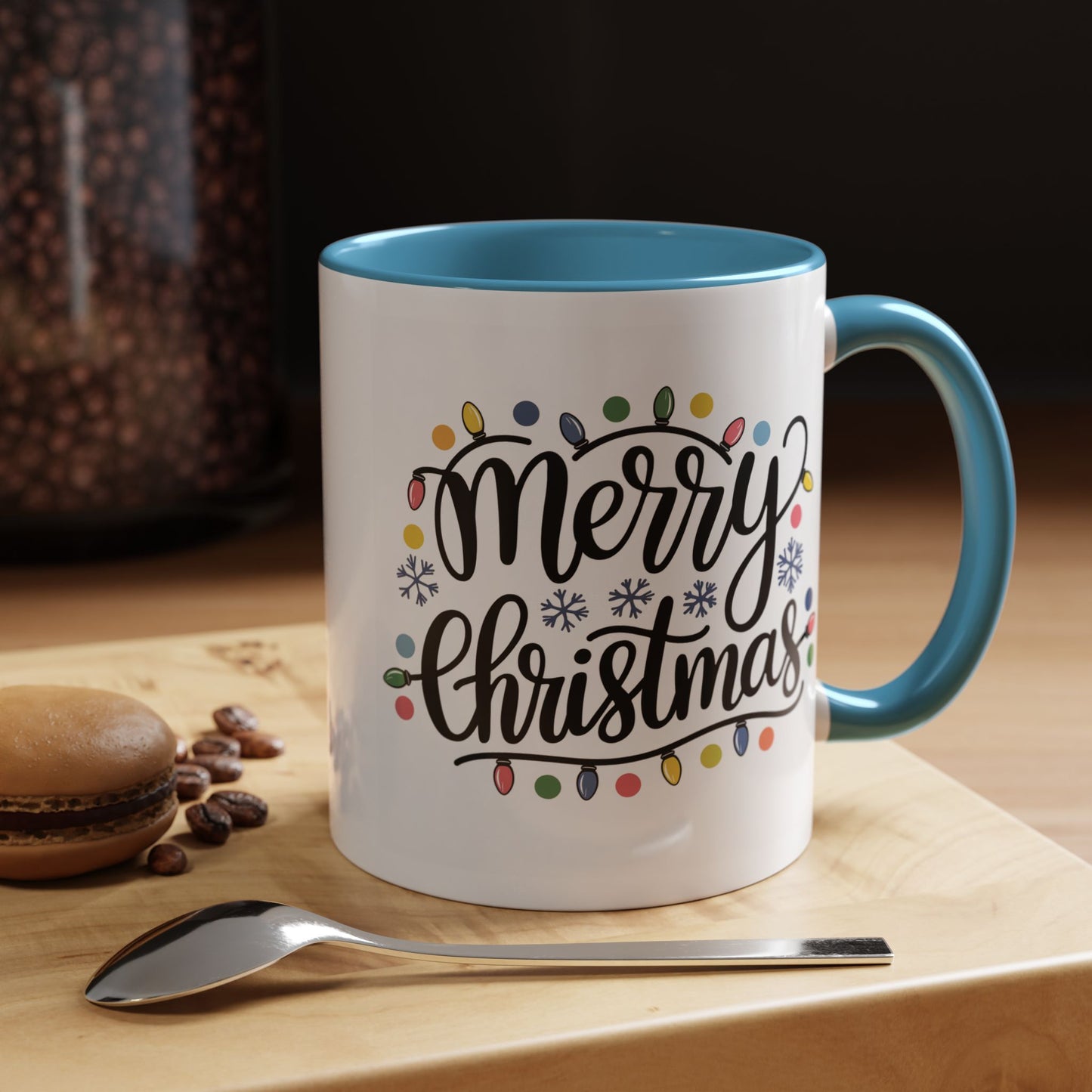 Christmas Mug - Merry Christmas Black Text Colored Lights