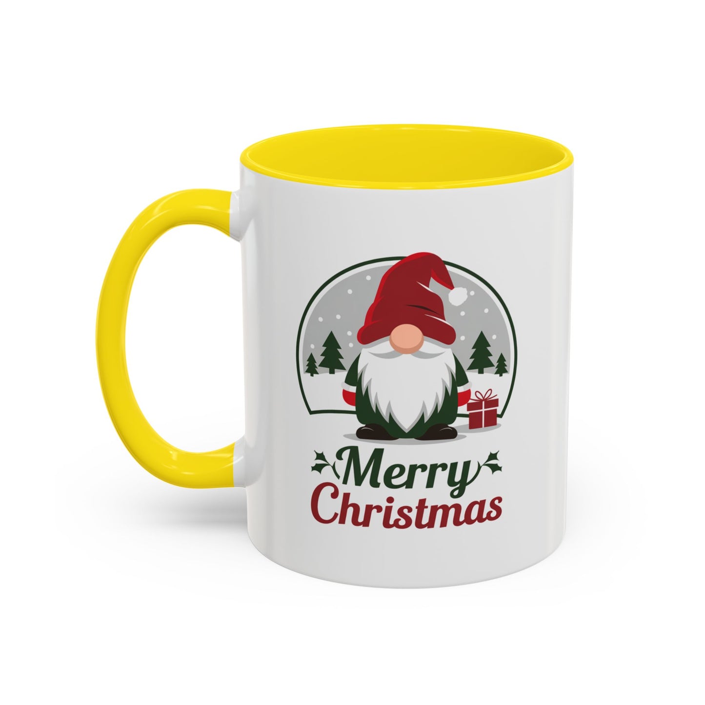 Christmas Mug - Merry Christmas Green & Red Text Gnome Present Trees