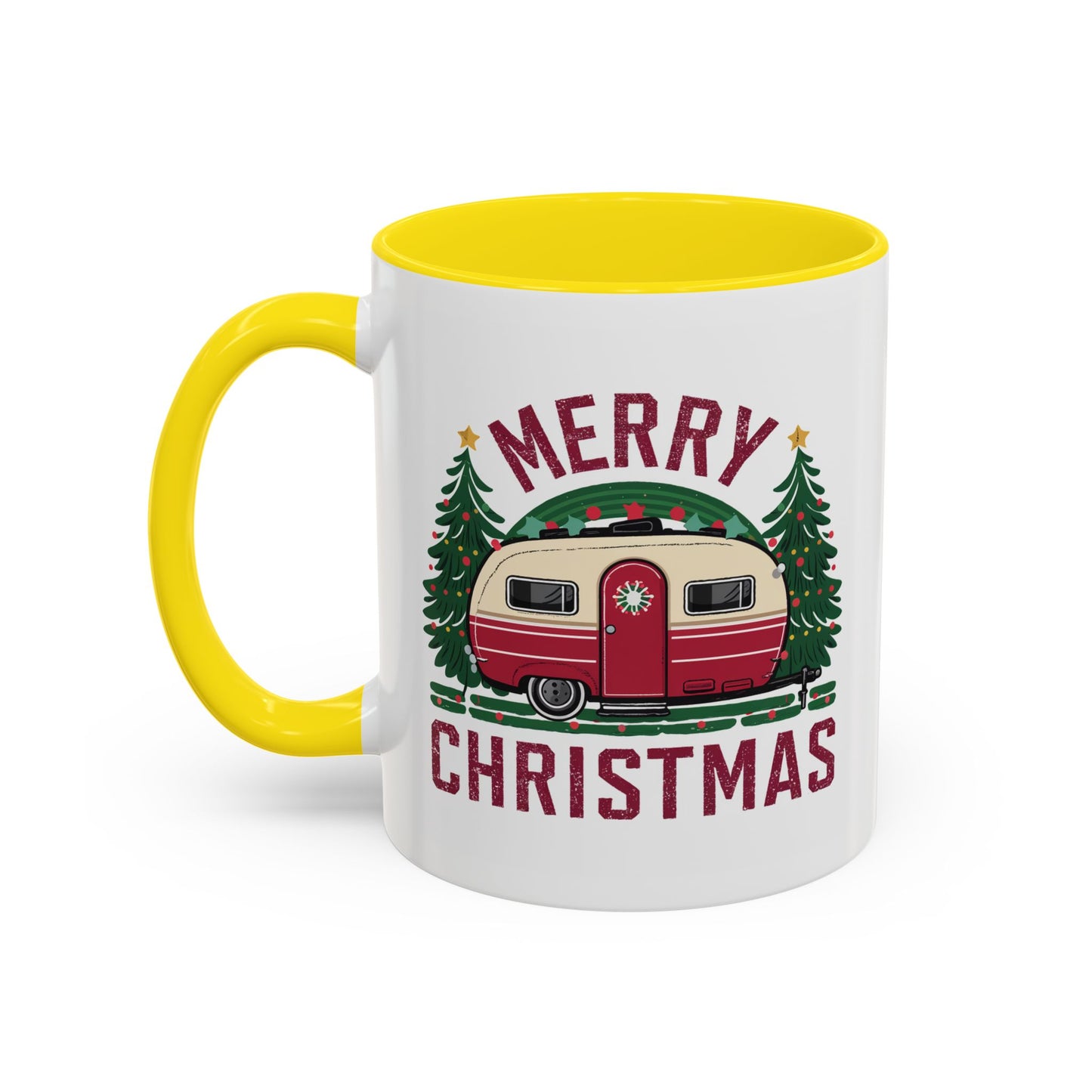 Christmas Mug - Merry Christmas Maroon Text Camper Trees