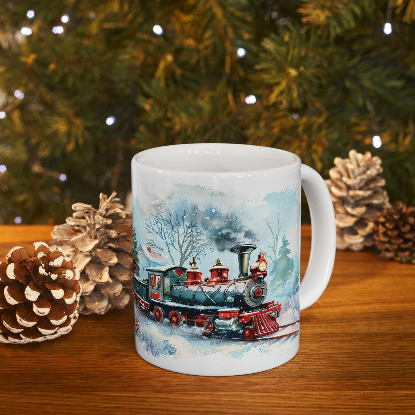 Christmas Mug - Snowman Trees Train
