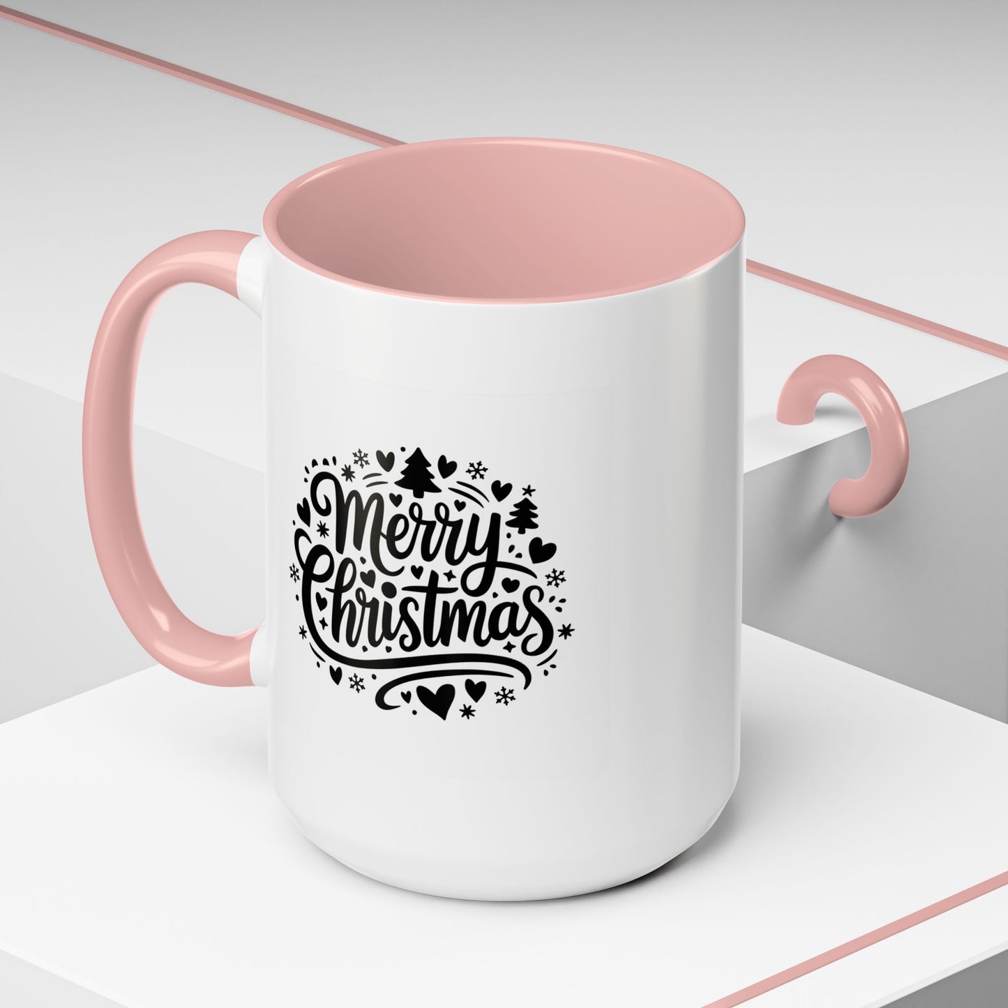 Christmas Mug - Merry Christmas Black Text Trees Snowflakes Hearts