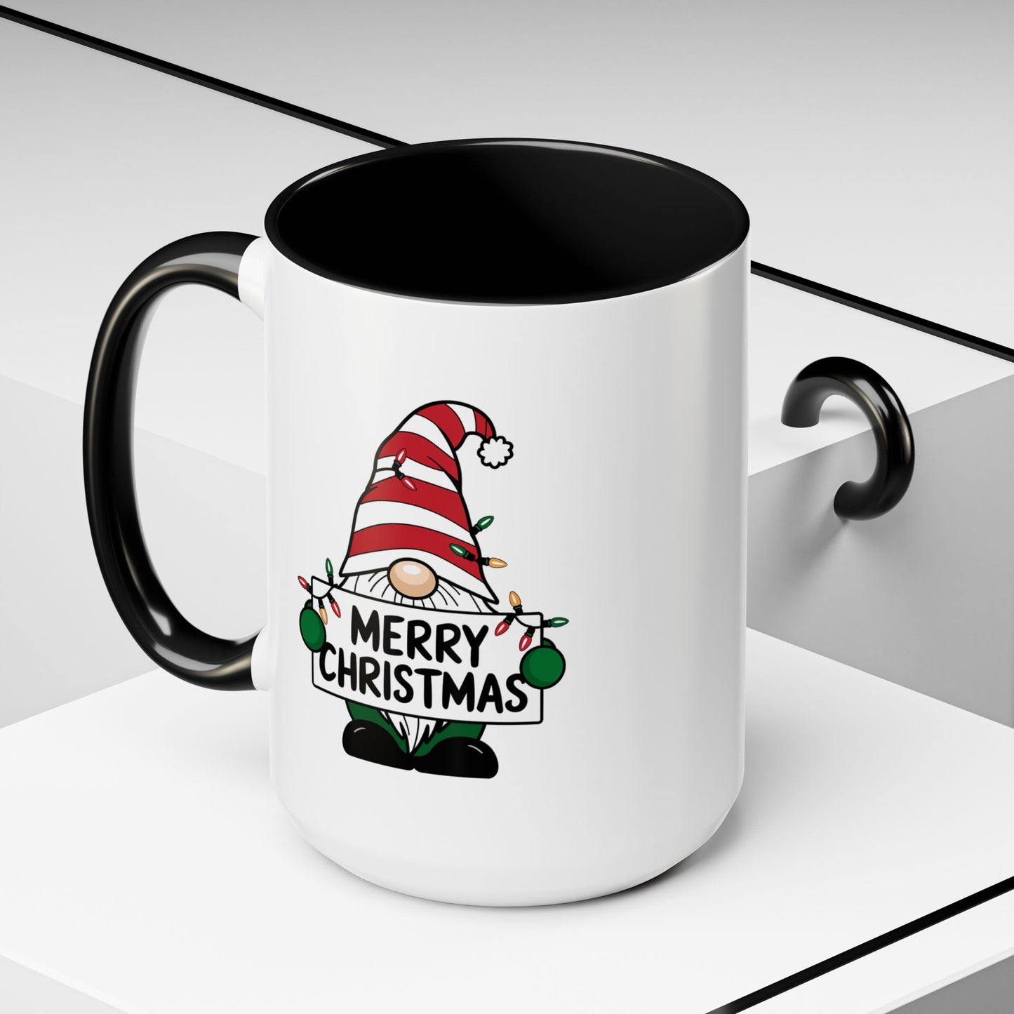 Christmas Mug - Merry Christmas Black Text Gnome Lights