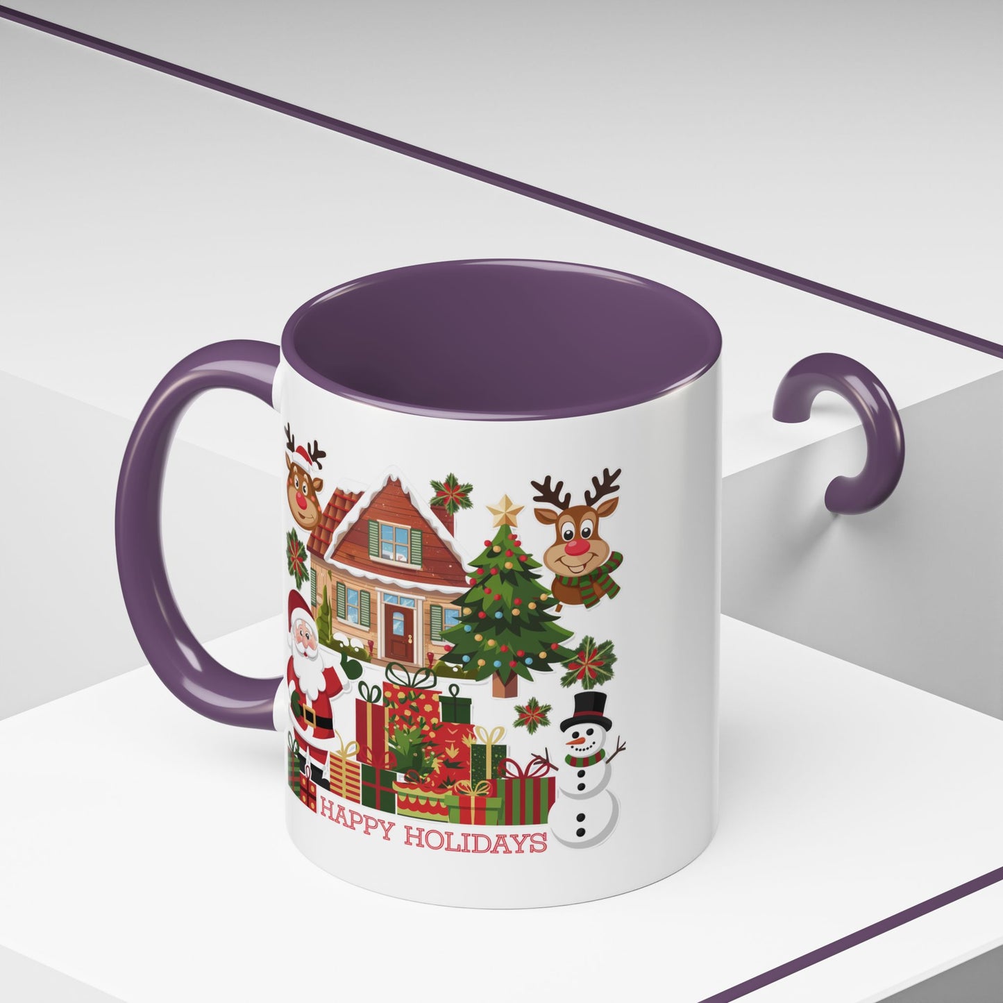 Christmas Mug - Happy Holidays Red Text Reindeer Santa Snowman Presents