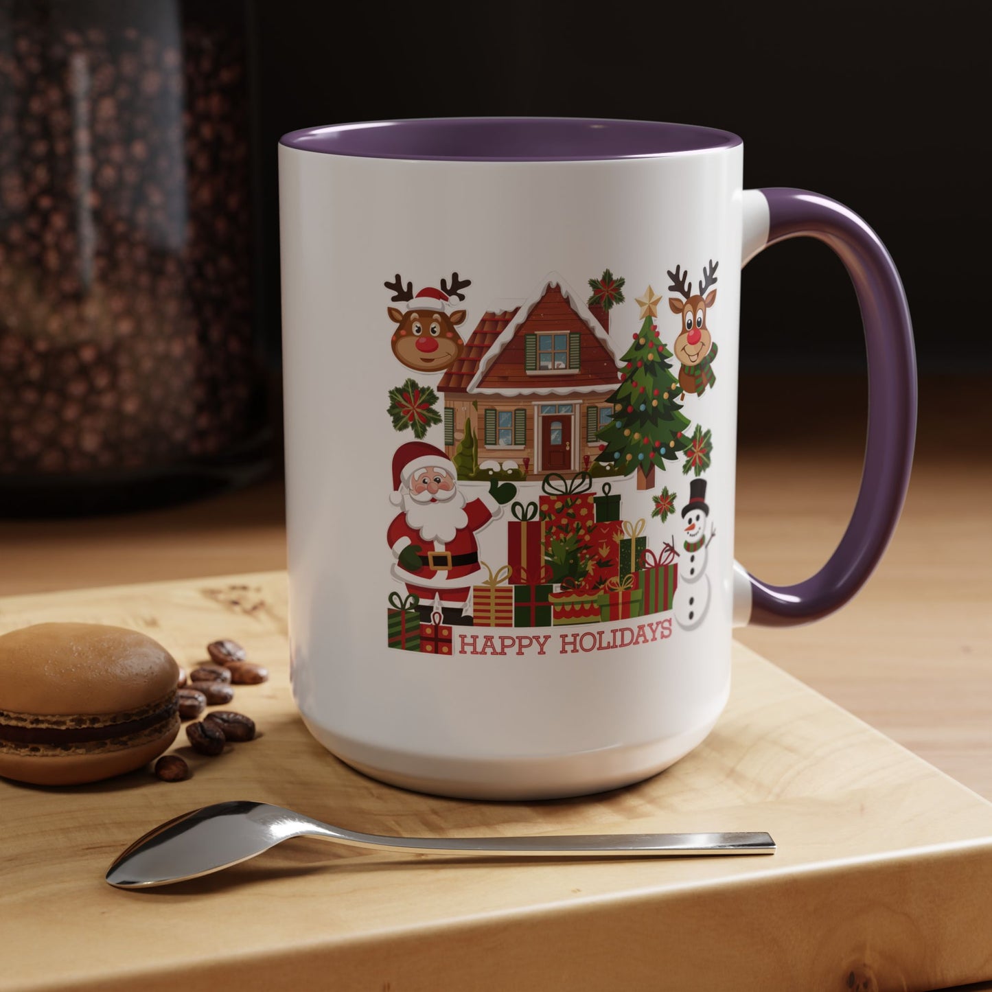 Christmas Mug - Happy Holidays Red Text Reindeer Santa Snowman Presents