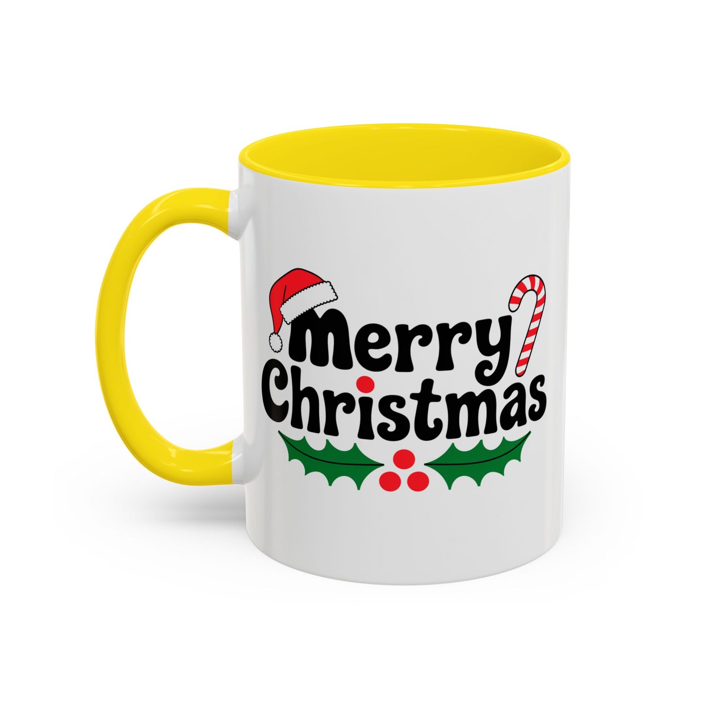 Christmas Mug - Merry Christmas Black Text Hat Candy Cane Mistletoe