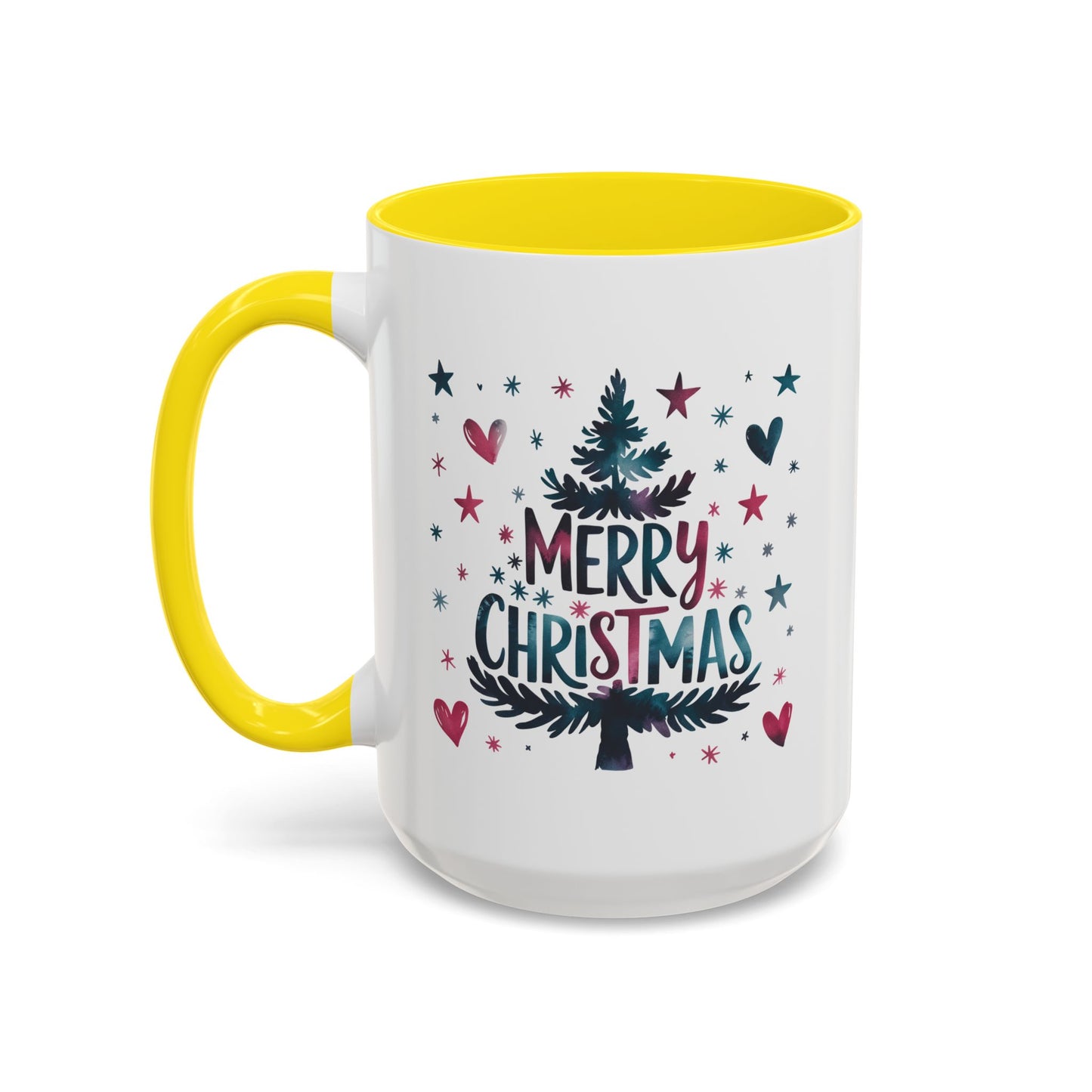 Christmas Mug - Merry Christmas Maroon & Blue Text Tree Hearts Stars