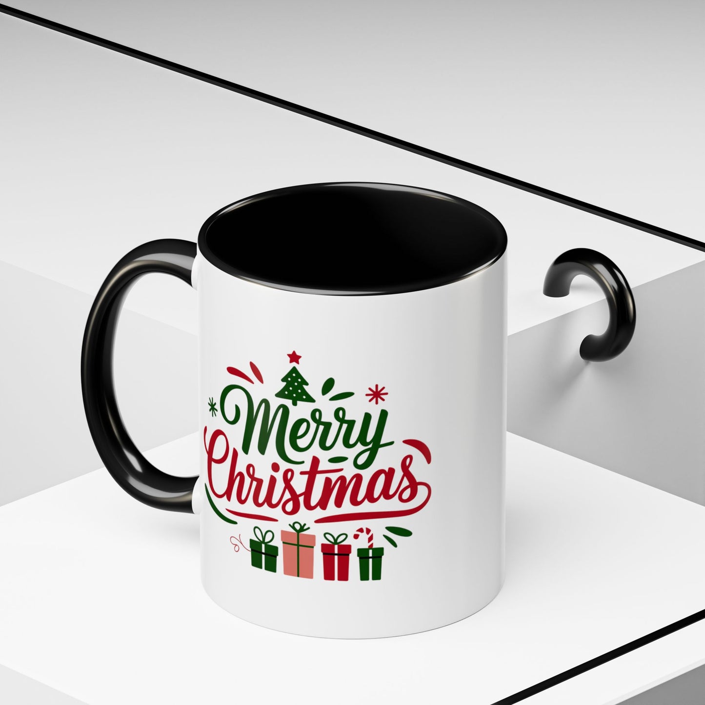 Christmas Mug - Merry Christmas Green & Red Text Tree Snowflakes Presents