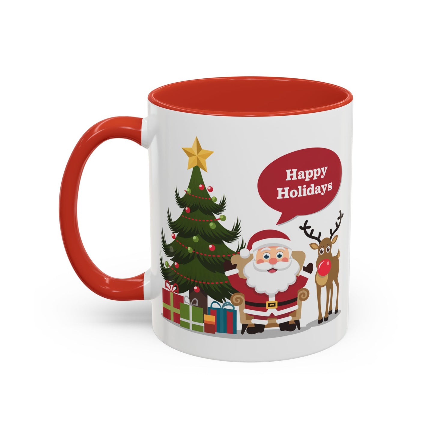 Christmas Mug - Happy Holidays Callout Santa Tree Presents Reindeer