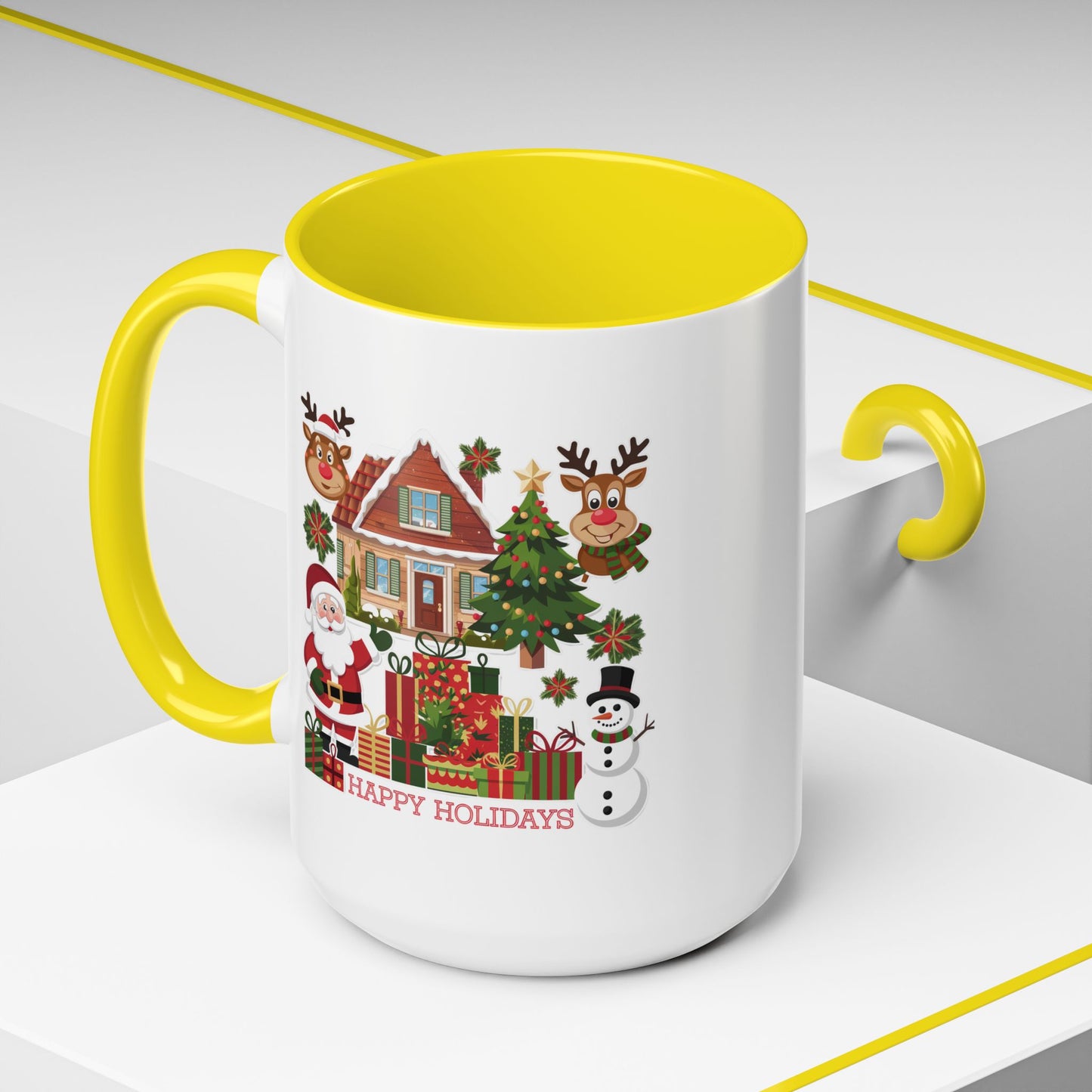 Christmas Mug - Happy Holidays Red Text Reindeer Santa Snowman Presents