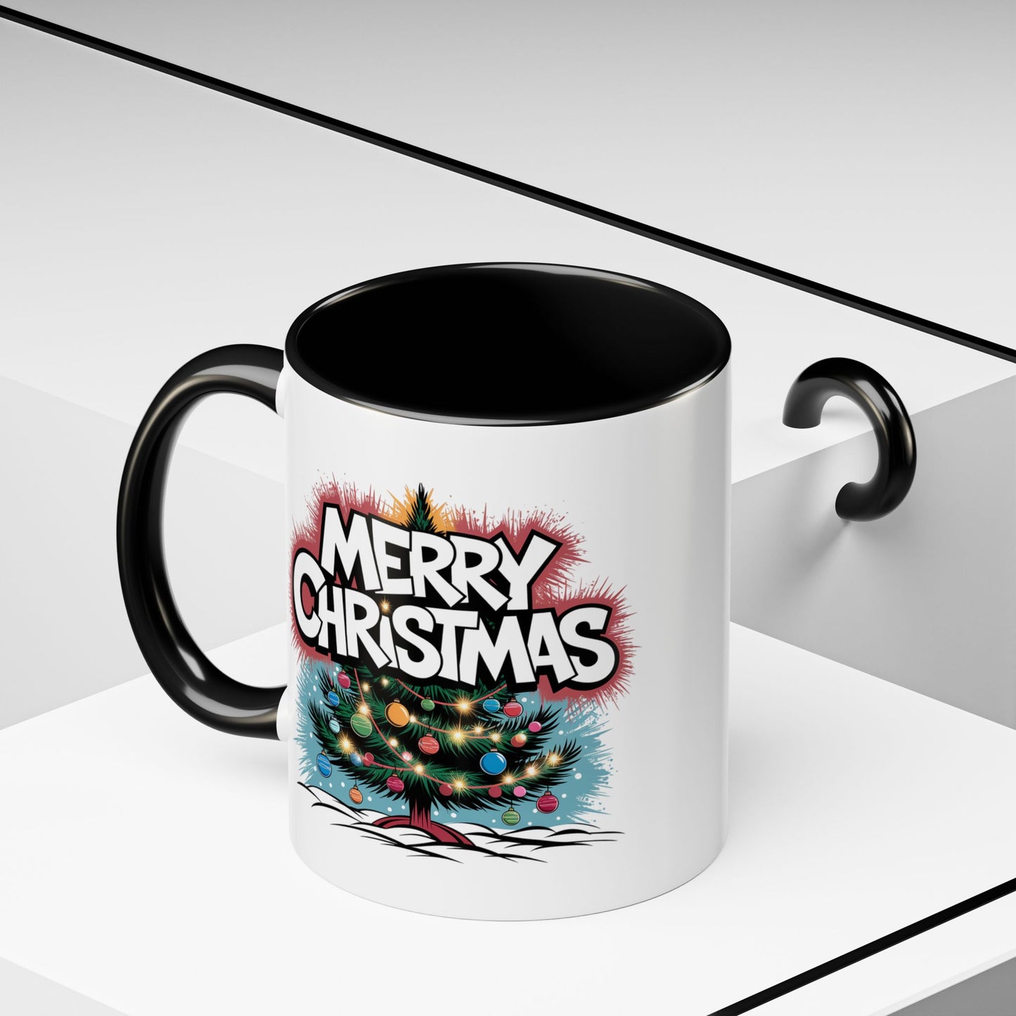 Christmas Mug - Merry Christmas White & Red Text Tree Lights