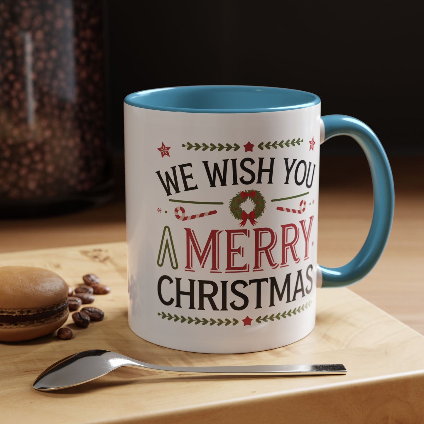 Christmas Mug - We Wish You a Merry Christmas Blue Green & Red Text