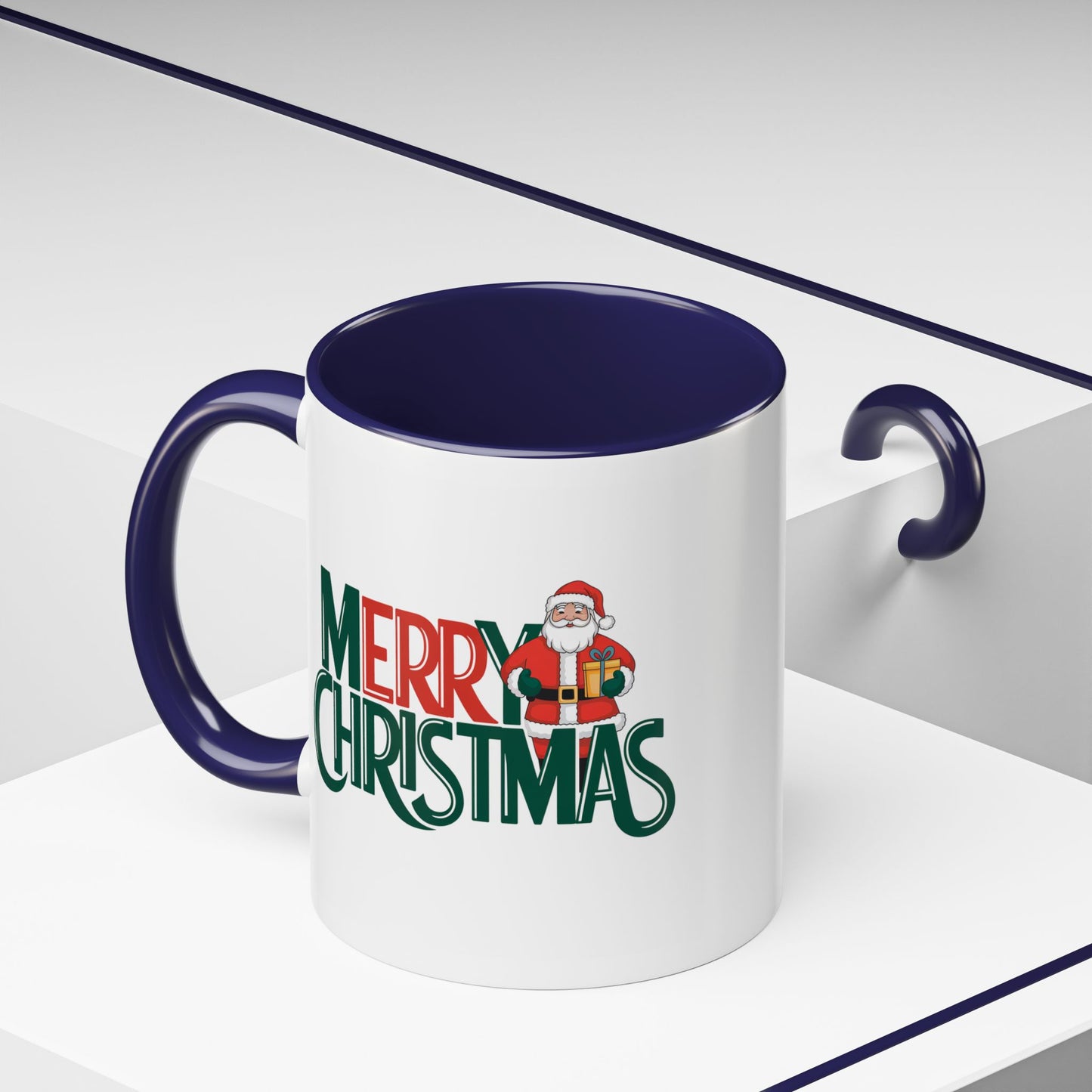 Christmas Mug - Merry Christmas Green & Red Text Santa Present