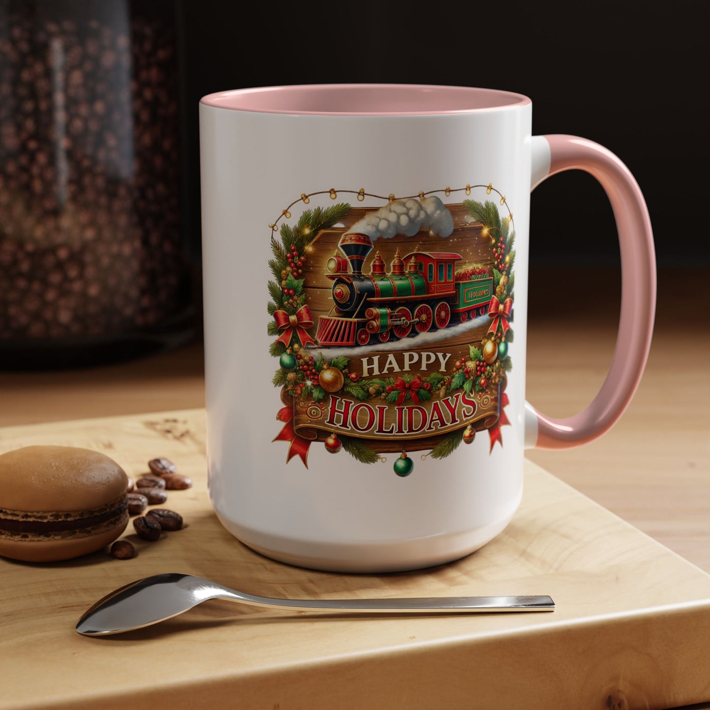 Christmas Mug - Happy Holidays White & Red Text Steam Locomotive