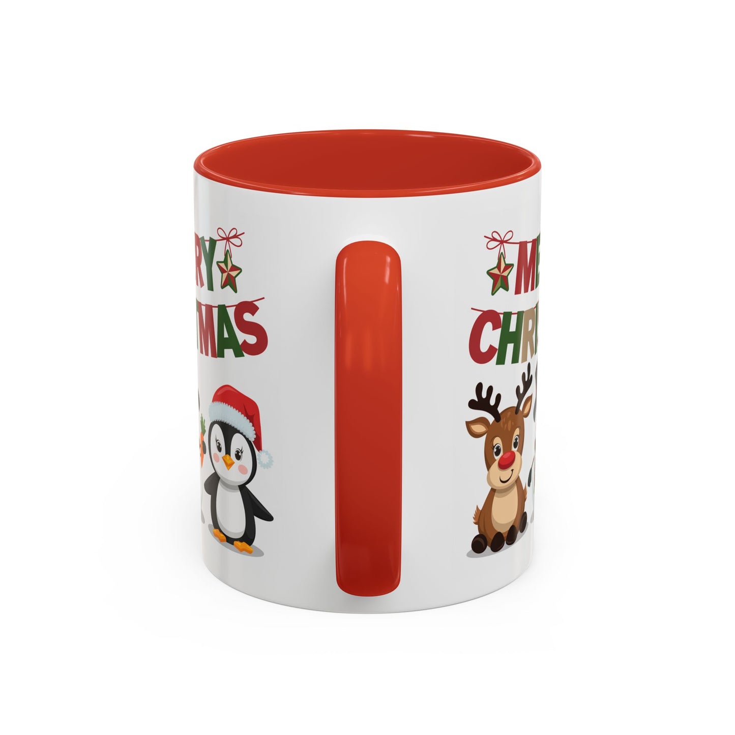 Christmas Mug - Red Green & Gold Text Reindeer Snowman Penguin