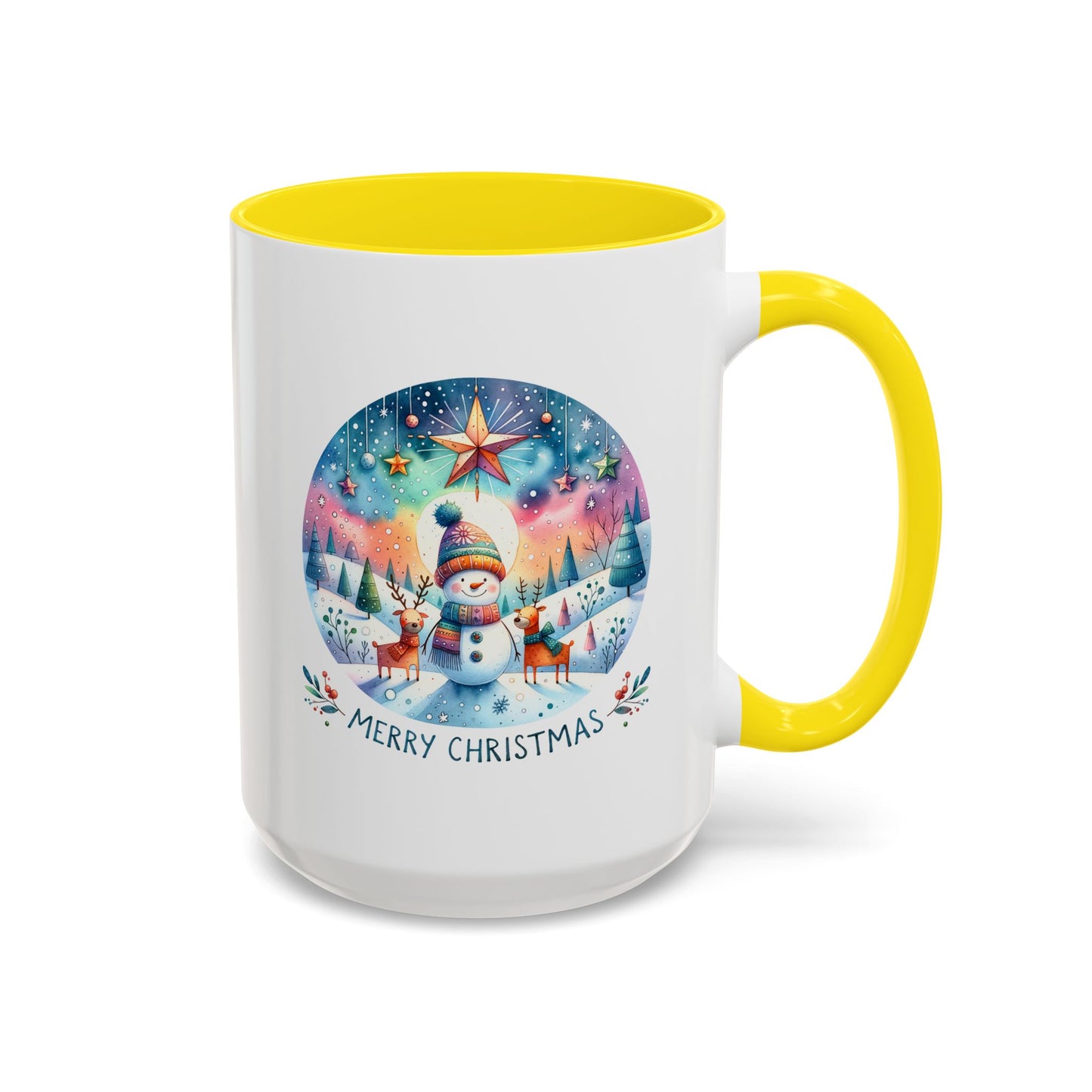 Christmas Mug - Merry Christmas Blue Text Snowman Star Reindeer