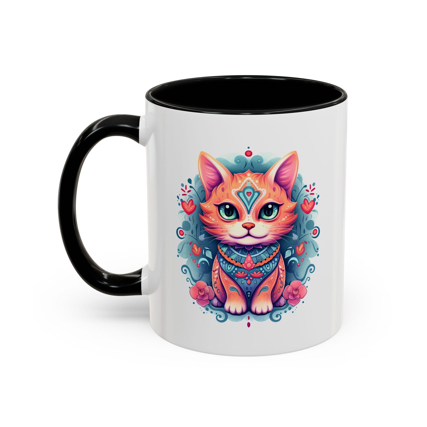 Animal  - Mystic Cat Turquoise & Coral Flowers