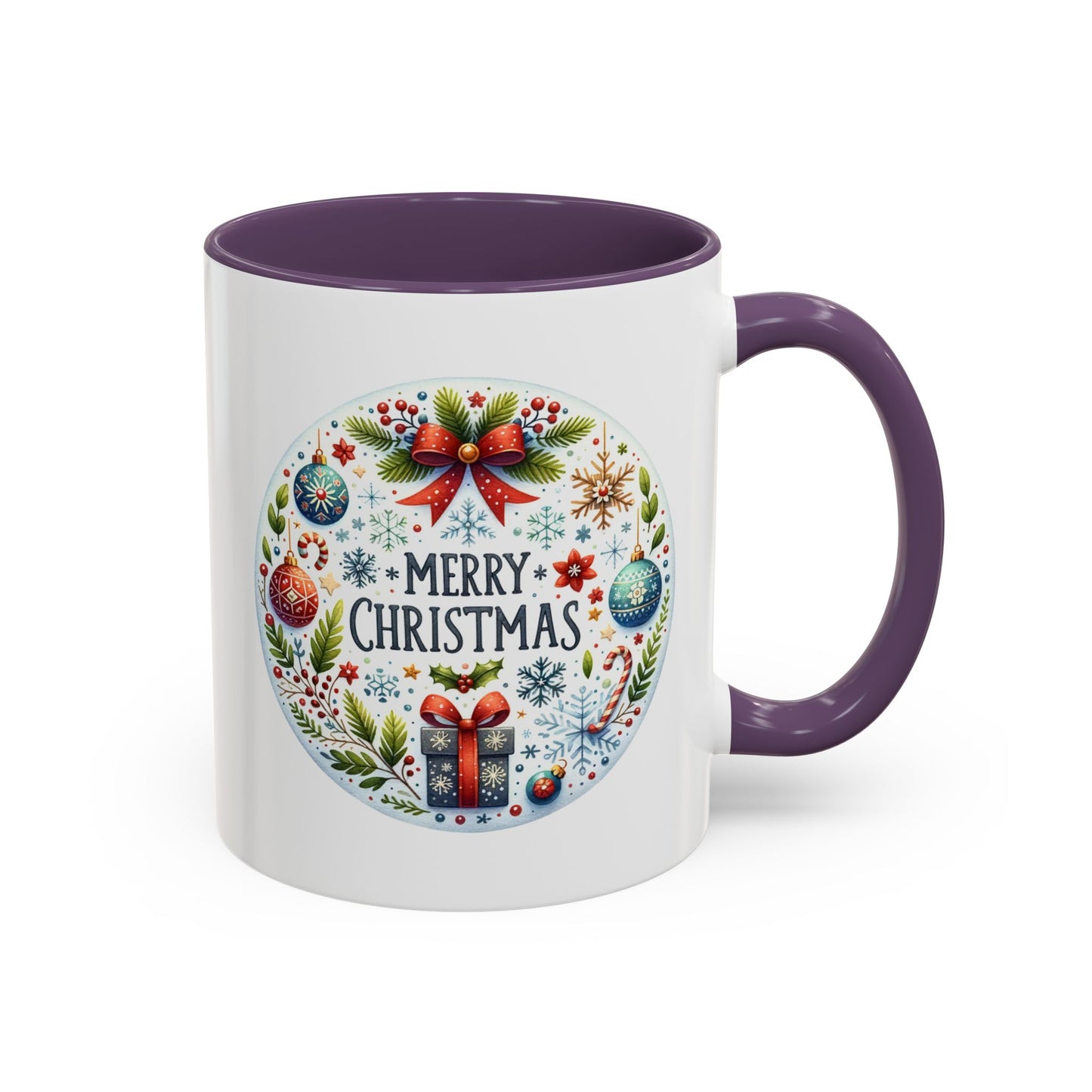 Christmas Mug - Merry Christmas Blue Text Bow Present Ornaments
