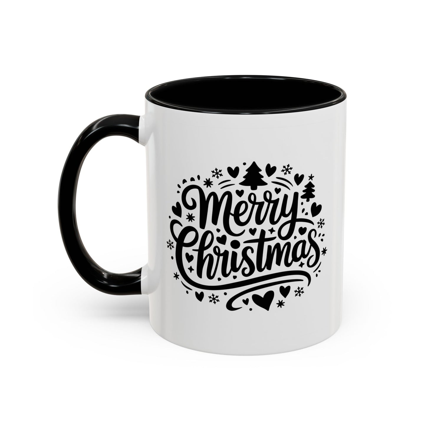 Christmas Mug - Merry Christmas Black Text Trees Snowflakes Hearts
