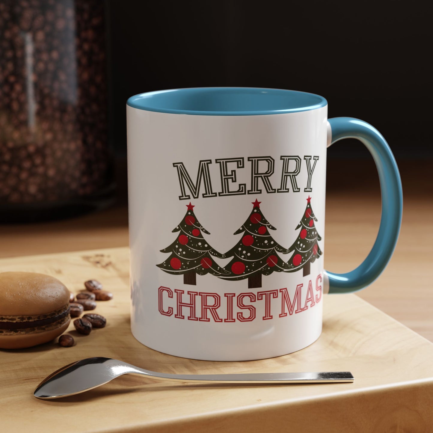Christmas Mug - Merry Christmas Green & Red Text Decorative Trees