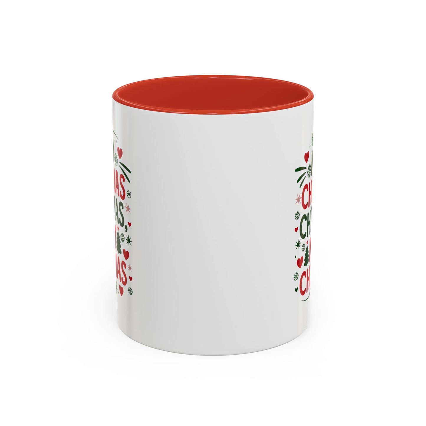 Christmas Mug - Merry Christmas Green & Red Text Trees Hearts Snowflakes Stars