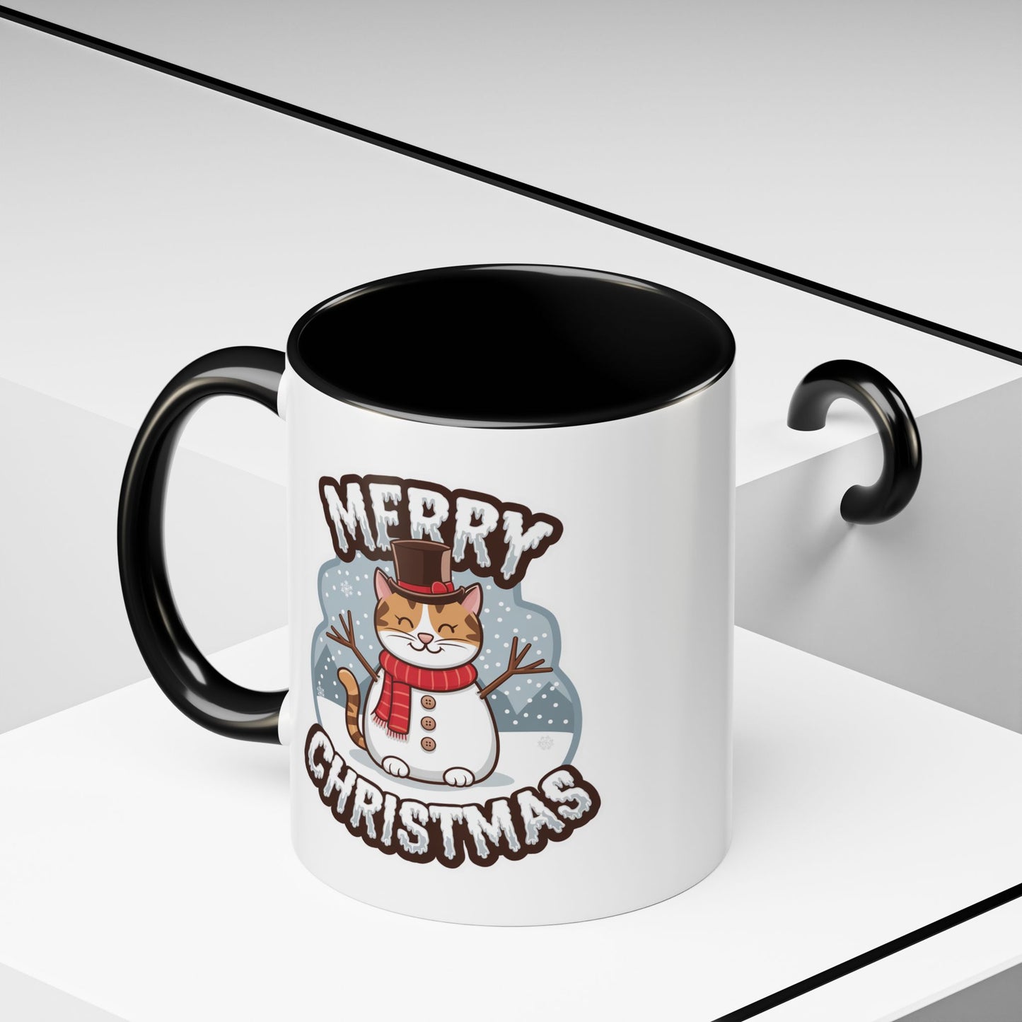 Christmas Mug - Merry Christmas Black & White Text Snowman Cat