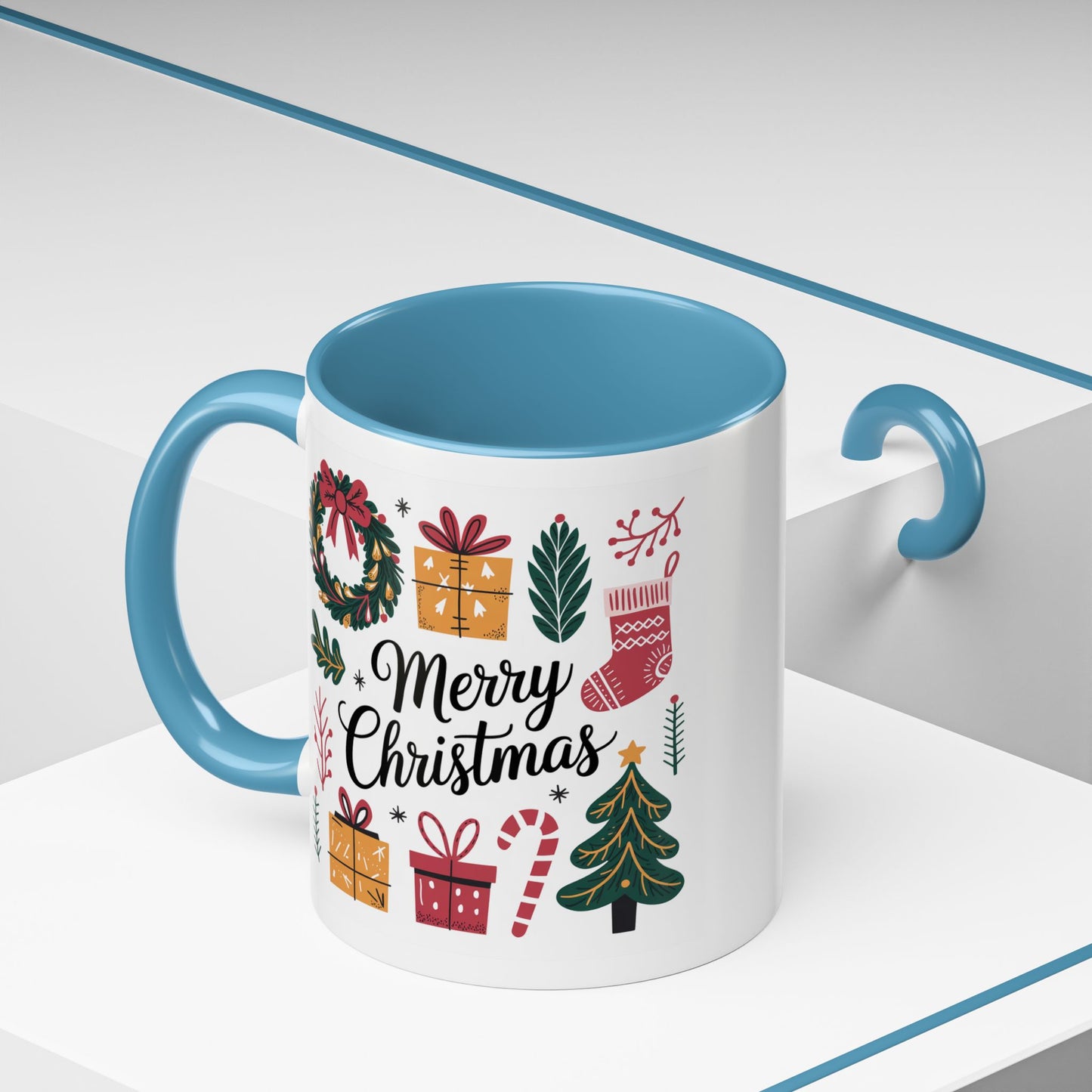 Christmas Mug - Merry Christmas Green Text Presents Tree Candy Cane