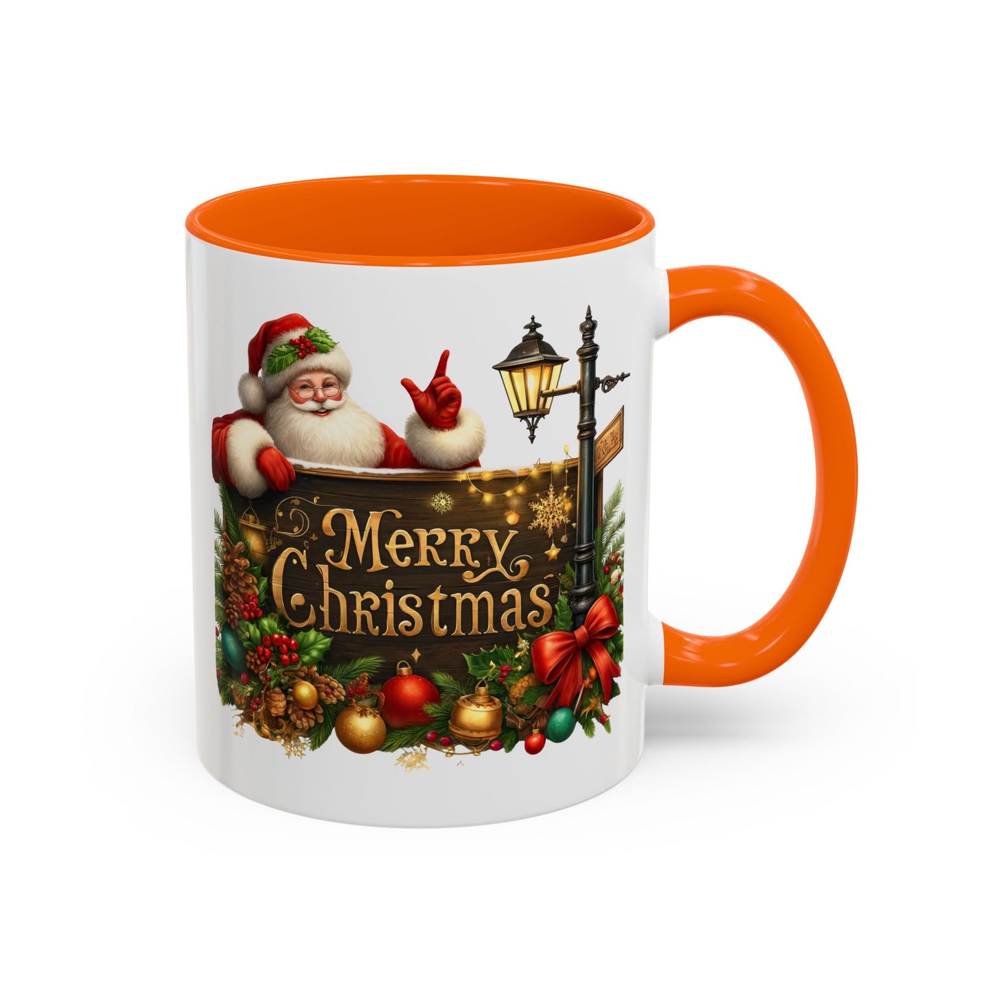 Christmas Mug - Merry Christmas Gold Text Santa Point Ornaments