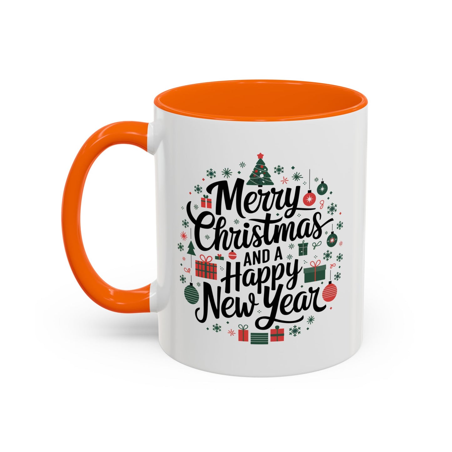 Christmas Mug - Merry Christmas and a Happy New Year Black Text Tree Ornaments Presents