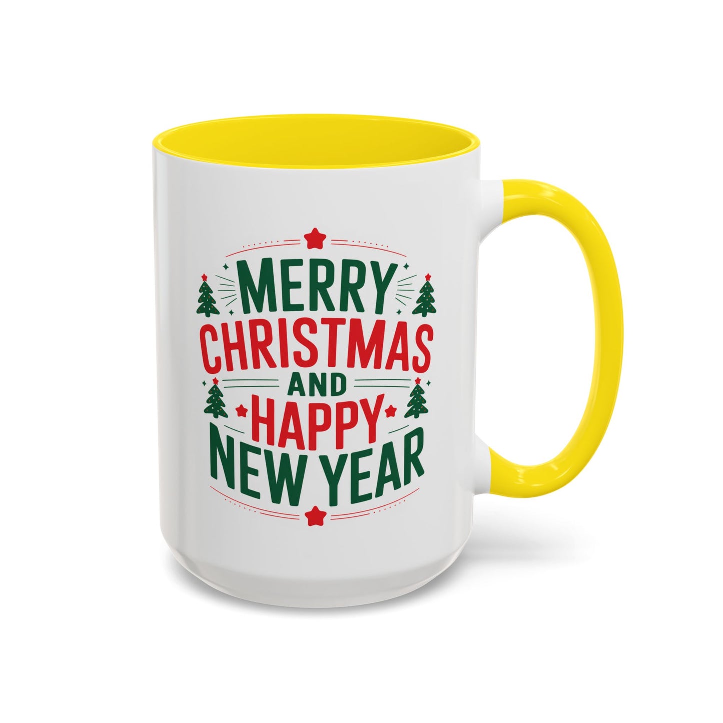 Christmas Mug - Merry Christmas and a Happy New Year Green & Red Text Trees Stars
