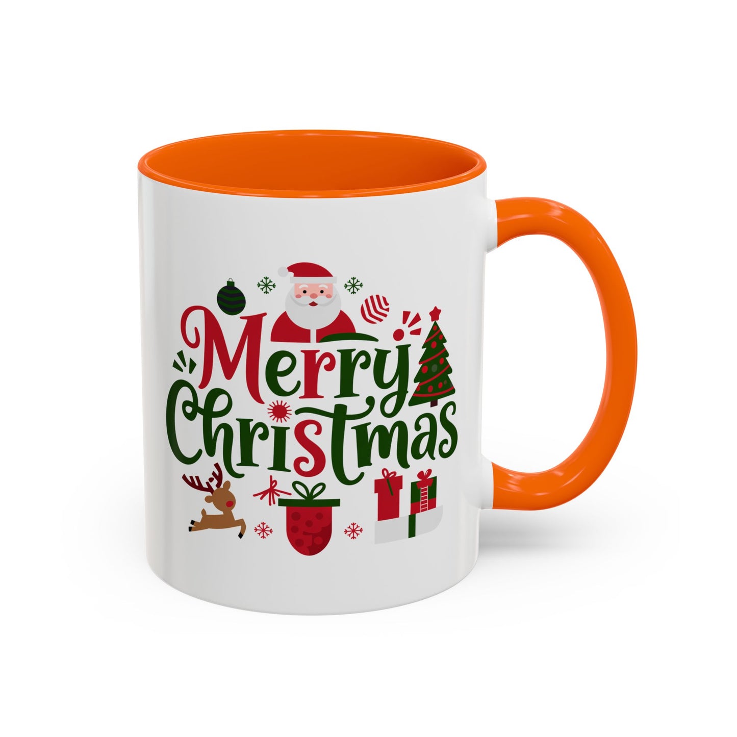 Christmas Mug - Merry Christmas Red & Green Text Santa Reindeer Tree Sleigh Ornaments
